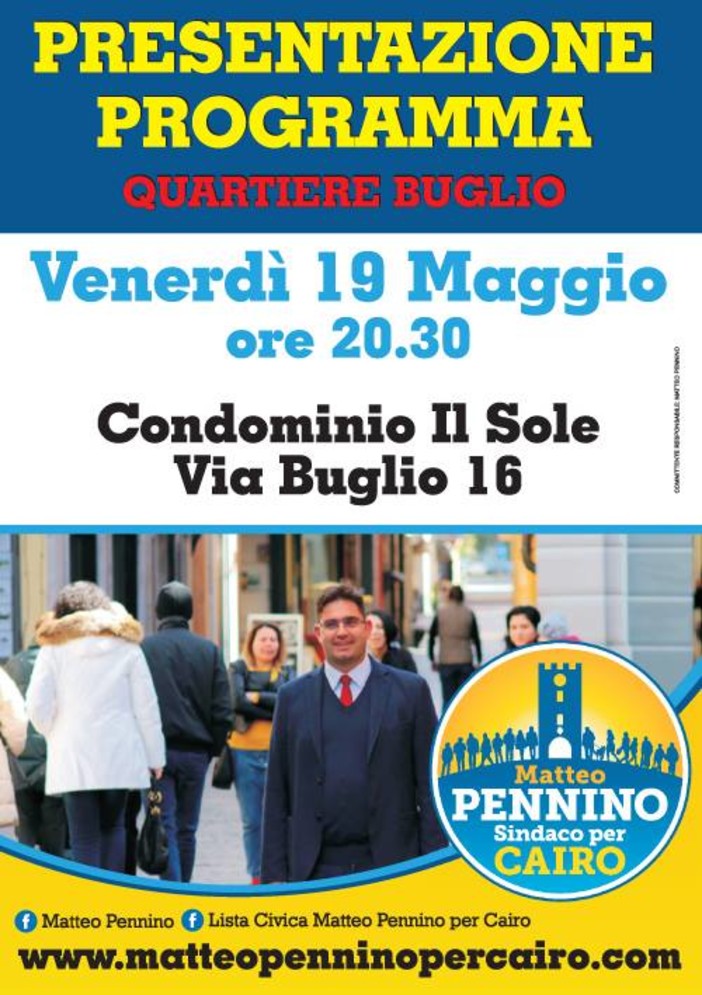 Elezioni Cairo, venerdi Matteo Pennino incontra i cittadini del quartiere Buglio Elezioni Cairo, venerdi Matteo Pennino incontra i cittadini del quartiere Buglio