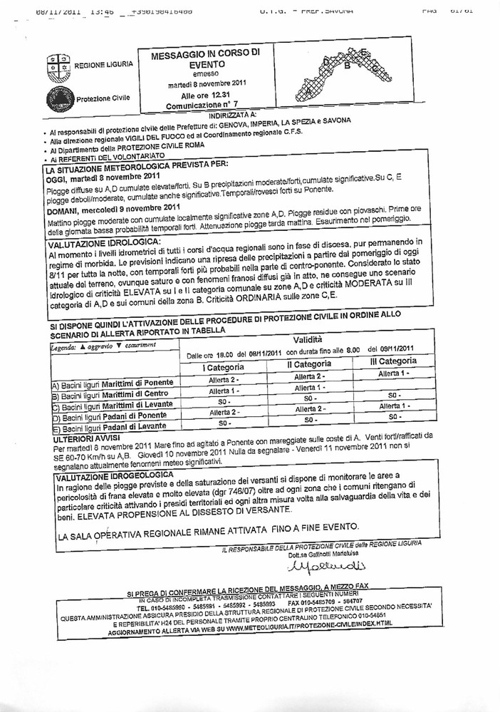 Prefettura di Savona: messaggio in corso di evento meteo