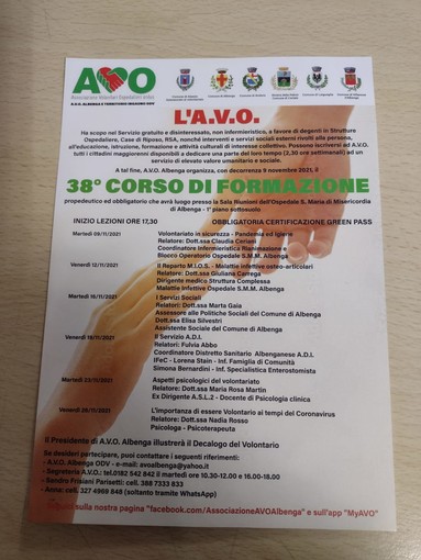Albenga, dal 9 novembre parte il 38° corso formativo AVO: formazione per volontari al servizio del prossimo sul territorio