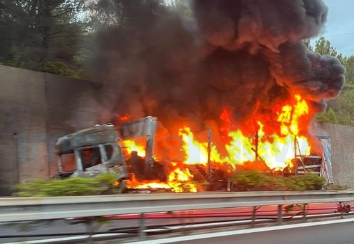 Incendio sulla A10: camion divorato dalle fiamme (FOTO)