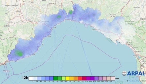 La distribuzione delle piogge nelle ultime 12 ore