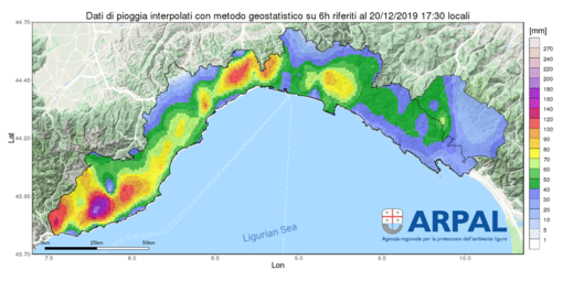 La distribuzione delle precipitazioni nelle ultime sei ore (Arpal) La distribuzione delle precipitazioni nelle ultime sei ore (Arpal)