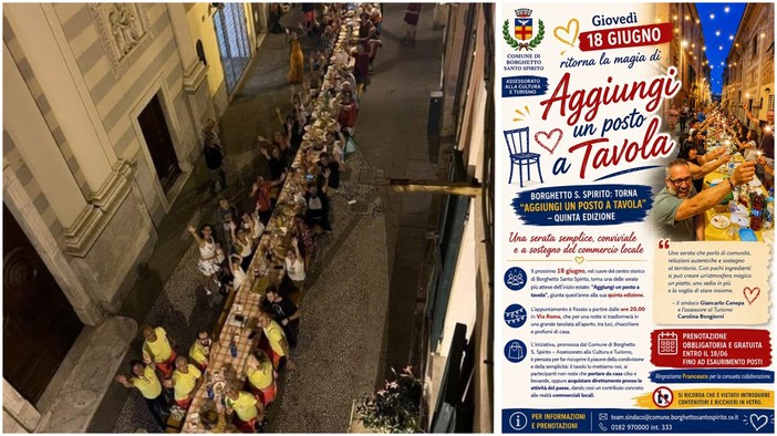 Borghetto S. Spirito, giovedì 18 giugno la quinta edizione di “Aggiungi un posto a Tavola”