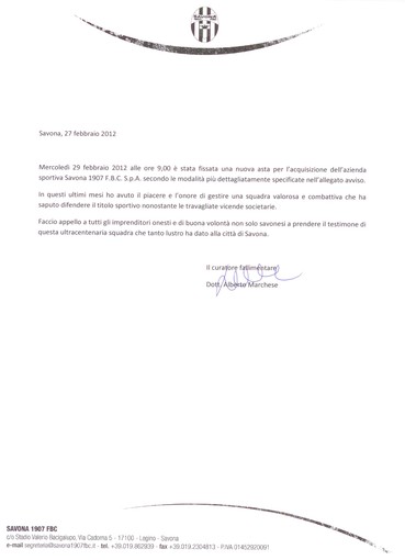 Rilanciamo l'appello del Curatore Fallimentare del Savona FBC Rilanciamo l'appello del Curatore Fallimentare del Savona FBC