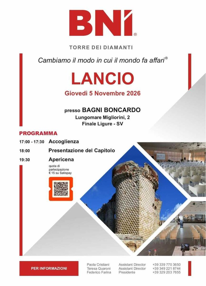 BNI Torre dei Diamanti, a Finale Ligure 26 professionisti in rete per fare impresa