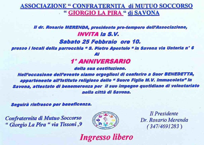 La Confraternita di mutuo soccorso "La Pira" celebra il suo primo anno La Confraternita di mutuo soccorso "La Pira" celebra il suo primo anno
