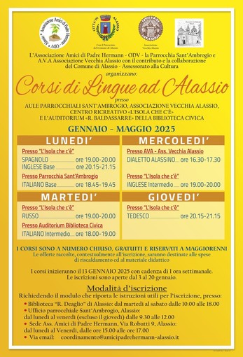 Alassio, iniziano i corsi di lingua straniere, italiano e dialetto alassino Alassio, iniziano i corsi di lingua straniere, italiano e dialetto alassino