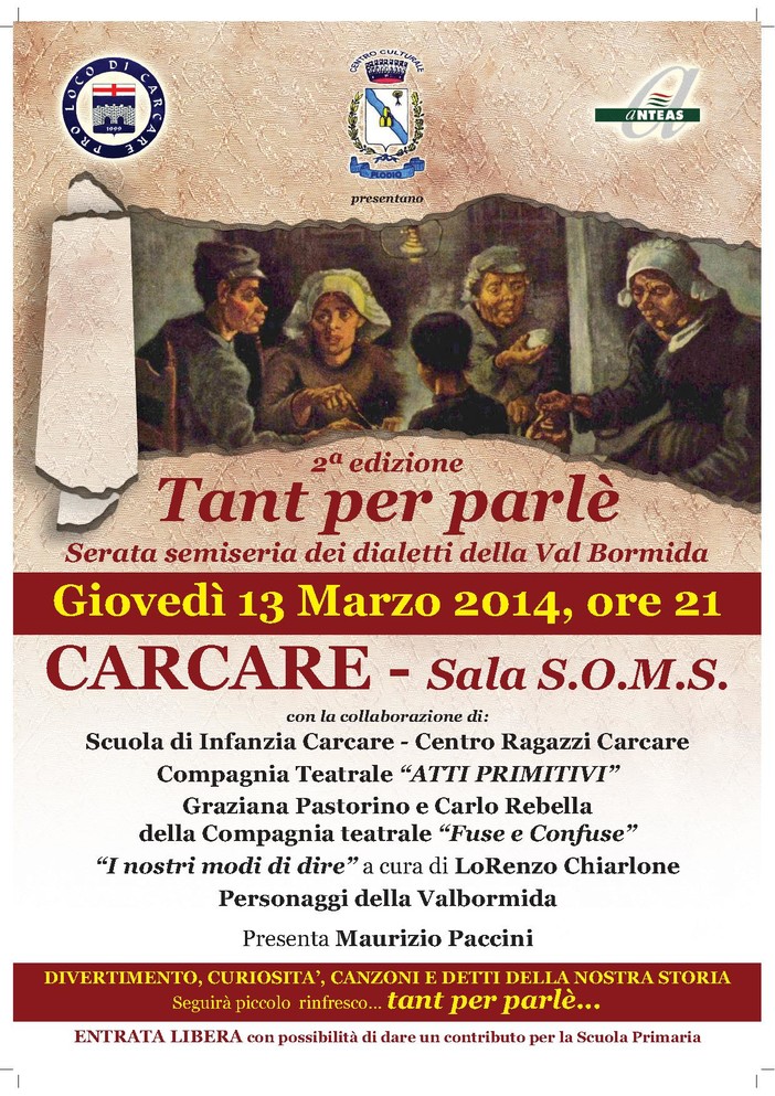 Carcare, giovedì in scena lo spettacolo dialettale "Tant Per Parlè"