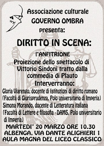 Albenga, per "Diritto in Scena" la priezione de "L'Anfitrione" di Vittorio Sindoni
