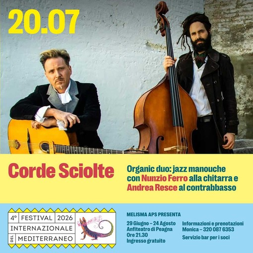 Ceriale, il Festival Internazionale del Mediterraneo torna a Peagna con il duo Corde Sciolte Ceriale, il Festival Internazionale del Mediterraneo torna a Peagna con il duo Corde Sciolte