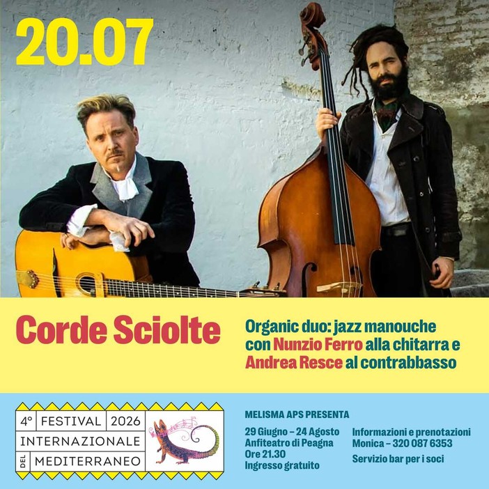 Ceriale, il Festival Internazionale del Mediterraneo torna a Peagna con il duo Corde Sciolte Ceriale, il Festival Internazionale del Mediterraneo torna a Peagna con il duo Corde Sciolte