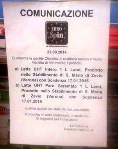 Eurospin: occhio alla data di scadenza del latte, ma nessun allarmismo