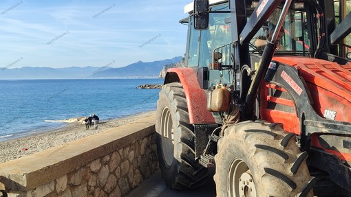 Gli operai a lavoro sulla spiaggia tra Castelletto e San Donato lunedì scorso Gli operai a lavoro sulla spiaggia tra Castelletto e San Donato lunedì scorso