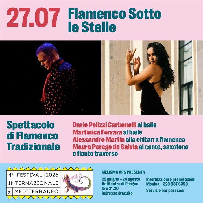 A Peagna di Ceriale una serata dedicata al flamenco con il Festival Internazionale del Mediterraneo A Peagna di Ceriale una serata dedicata al flamenco con il Festival Internazionale del Mediterraneo