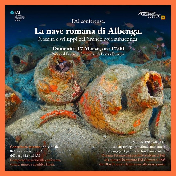 Domenica 17 marzo la Conferenza Fai dal titolo: "La nave romana di Albenga: nascita e sviluppi dell'archeologia subacquea"