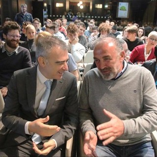 Il meteorologo Andrea Giuliacci e il presidente di Cia Cuneo, Claudio Conterno, prima dell'inizio dell'incontro