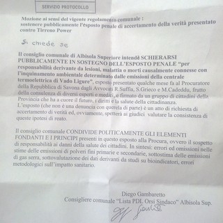 Il coraggio di Diego Gambaretto (PdL): ad Albisola per la Salute e contro il carbone, a sostegno dell'Esposto