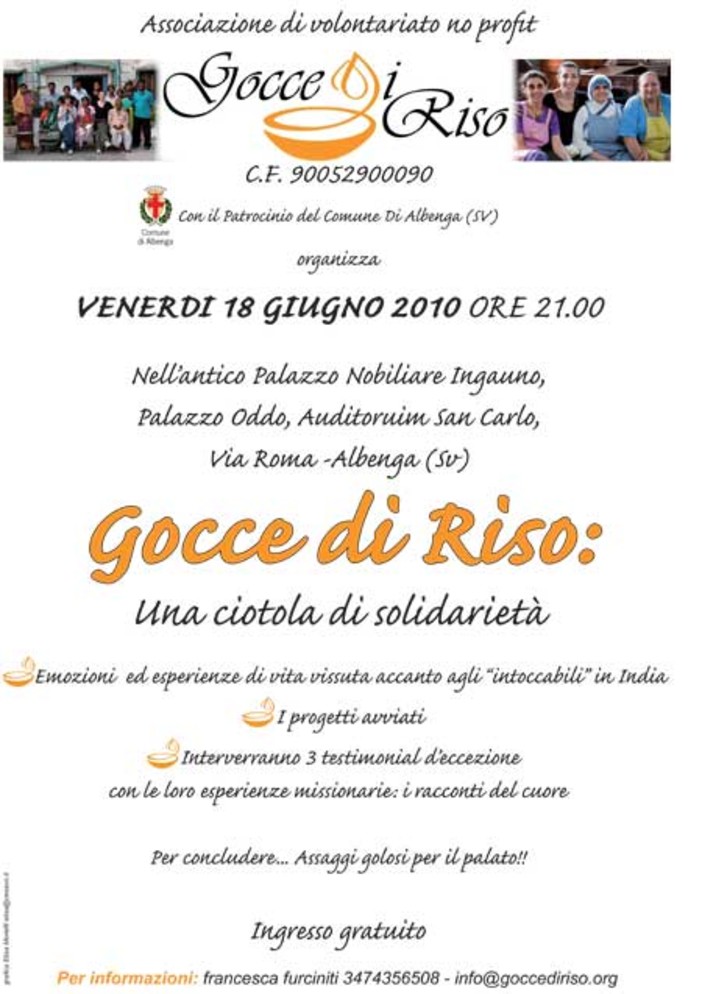 Albenga: stasera al S. Carlo la conferenza "Gocce di Riso" Albenga: stasera al S. Carlo la conferenza "Gocce di Riso"