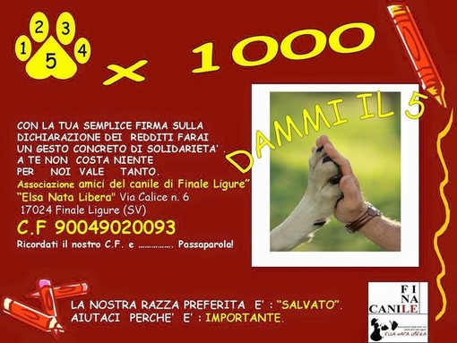 Il 5 x mille per aiutare il Canile di Finale Ligure Il 5 x mille per aiutare il Canile di Finale Ligure