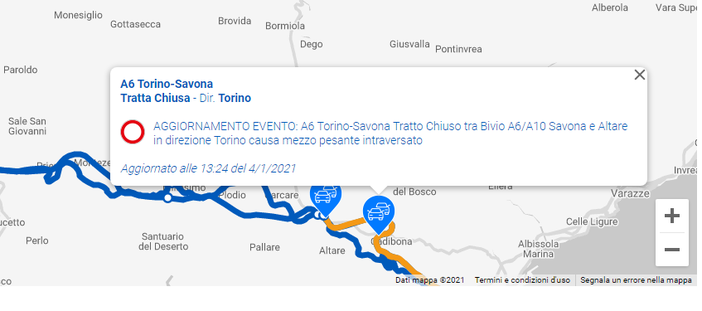 Camion intraversato sulla A6 causa neve: chiuso tratto tra Savona e Altare in direzione Torino