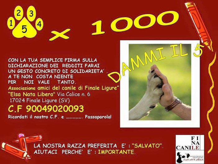 Il 5 x mille per aiutare il Canile di Finale Ligure Il 5 x mille per aiutare il Canile di Finale Ligure