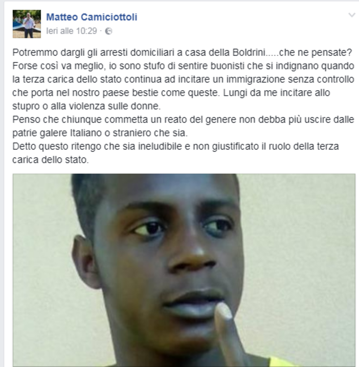 Il sindaco di Pontinvrea Camiciottoli su Facebook: &quot;Gli stupratori ai domiciliari a casa della Boldrini&quot;