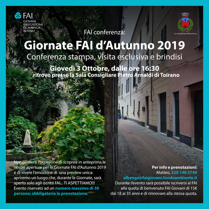 Toirano, il 3 ottobre la conferenza sulle Giornate FAI d’Autunno