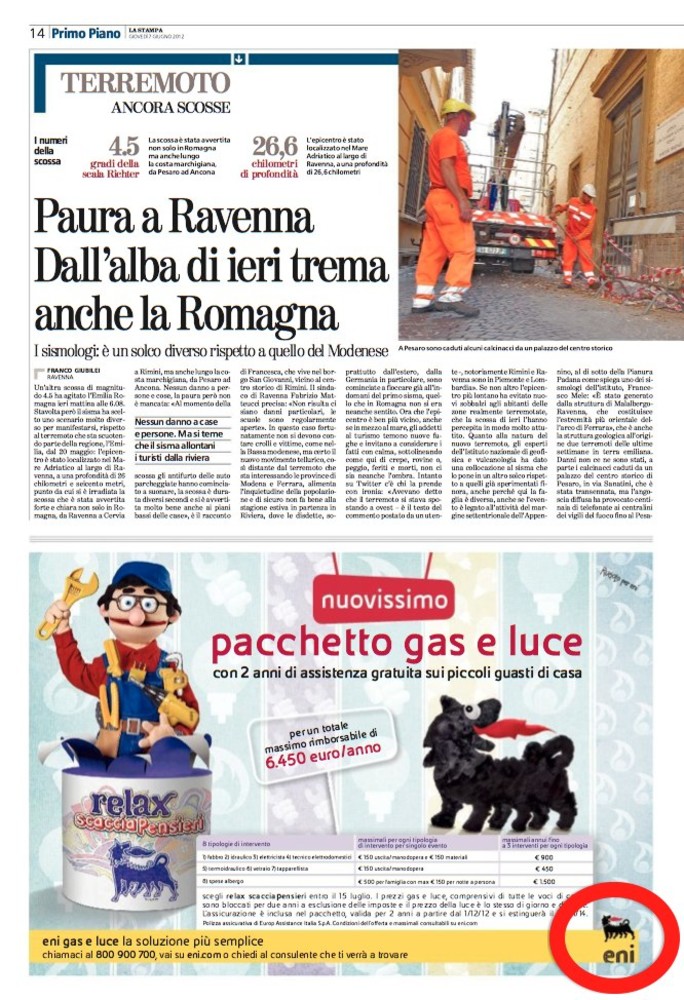 Le trivelle e i terremoti in ENIlia non sono affatto "clandestini" come qualcuno scrive, purtroppo. Ma si cerca comunque di de-informare per compiacer lo sponsor Le trivelle e i terremoti in ENIlia non sono affatto "clandestini" come qualcuno scrive, purtroppo. Ma si cerca comunque di de-informare per compiacer lo sponsor