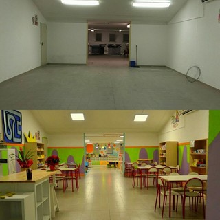 Nelle due foto, la ludoteca di Spotorno prima e dopo i lavori