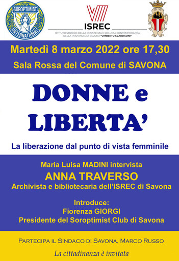 Savona, “Donne e libertà”: Soroptimist Club, comune e Isrec celebrano la Giornata internazionale dell’8 marzo