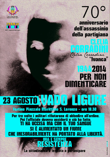 Vado Ligure: sabato 23 agosto commemorazione per 70° Anniversario dell’uccisione della Partigiana “Ivanca” Clelia Corradini