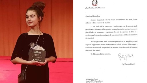 Il Ministro Bianchi scrive alla varazzina Mariandrea Cesari: &quot;Congratulazioni per il tuo meraviglioso talento&quot;