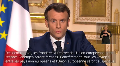 Coronavirus: Macron &quot;Siamo in una guerra sanitaria, per 15 giorni non uscite da casa&quot;, da domani alle 12 chiuso l'ingresso in Europa, sospeso Schengen?