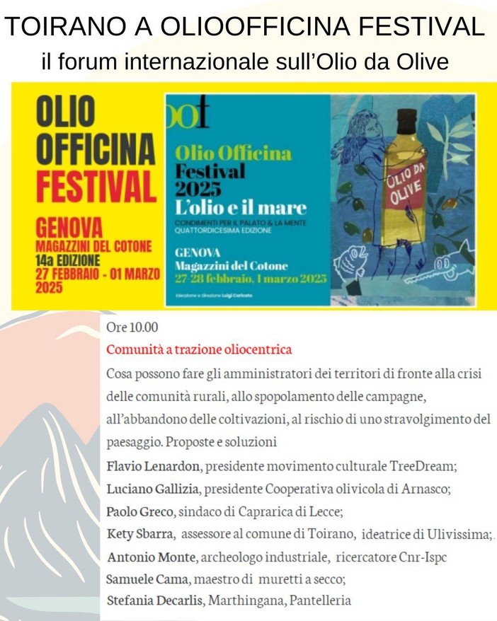 Toirano parteciperà alla kermesse Olio Officina Festival 2025 Toirano parteciperà alla kermesse Olio Officina Festival 2025