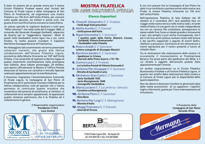Finale Ligure: Mostra Filatelica "150 anni dell'Unità d'Italia"
