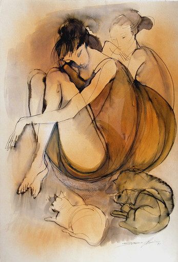 “Ragazze con i gatti”, 1991, tecnica mista su carta, cm. 35x 50