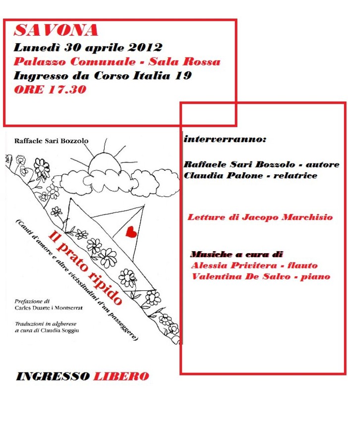 Savona, in sala Rossa presentazione del libro di poesie "Il prato rapido"