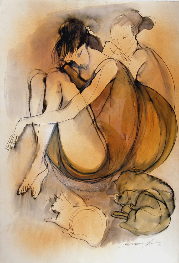 “Ragazze con i gatti”, 1991, tecnica mista su carta, cm. 35x 50