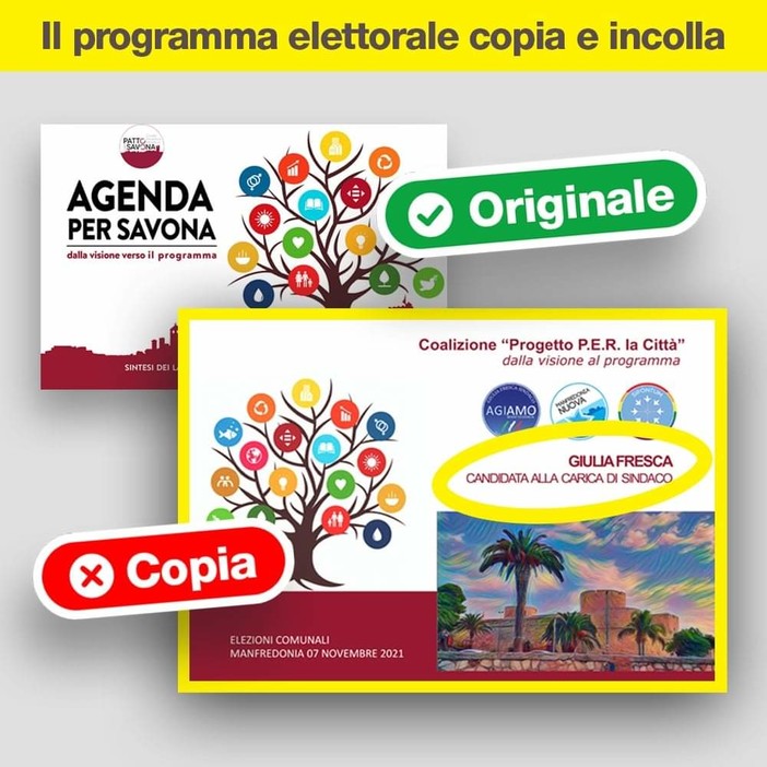 Savona, il programma elettorale di Russo "copiato" da una candidata di Manfredonia? La rivale: "Imbarazzante e paradossale la scopiazzatura" Savona, il programma elettorale di Russo "copiato" da una candidata di Manfredonia? La rivale: "Imbarazzante e paradossale la scopiazzatura"