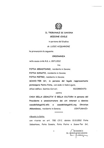 L'ordinanza sul ricorso Fotia - Casa della Legalità