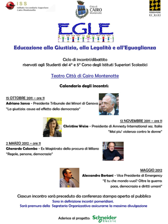 Cairo Montenotte: ciclo di incontri e dibattiti per gli studenti su Educazione alla Giustizia, alla Legalità e all’Eguaglianza Cairo Montenotte: ciclo di incontri e dibattiti per gli studenti su Educazione alla Giustizia, alla Legalità e all’Eguaglianza