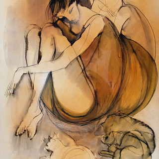 “Ragazze con i gatti”, 1991, tecnica mista su carta, cm. 35x 50