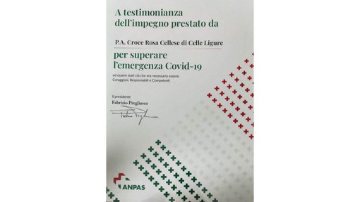 Croce Rosa Cellese di Celle Ligure riceve un riconoscimento dall’Anpas per  l’impegno durante l’emergenza Covid: “Coraggiosi, Responsabili, Competenti”