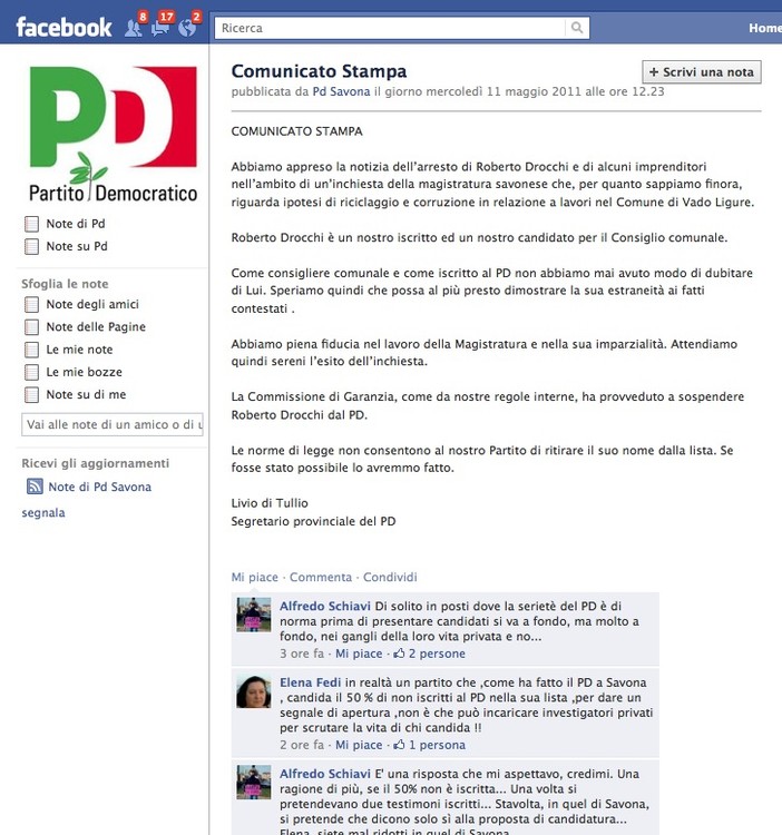 Arresti a Savona: i commenti dalle pagine PD su Facebook