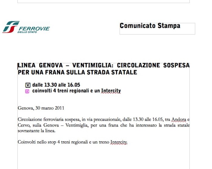 Frana di Andora: circolazione sospesa e riattivata sulla tratta FS Genova - Ventimiglia