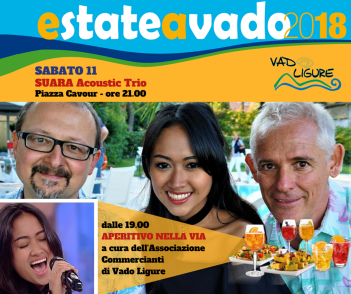 Vado, domani sera l’esibizione dal vivo del SUARA Acoustic Trio in Piazza Cavour Vado, domani sera l’esibizione dal vivo del SUARA Acoustic Trio in Piazza Cavour