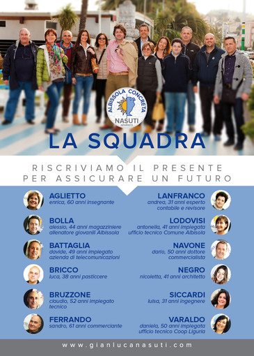 "Riscriviamo il presente per assicurare il futuro", ecco la lista di Gianluca Nasuti candidato sindaco Albissola Marina "Riscriviamo il presente per assicurare il futuro", ecco la lista di Gianluca Nasuti candidato sindaco Albissola Marina