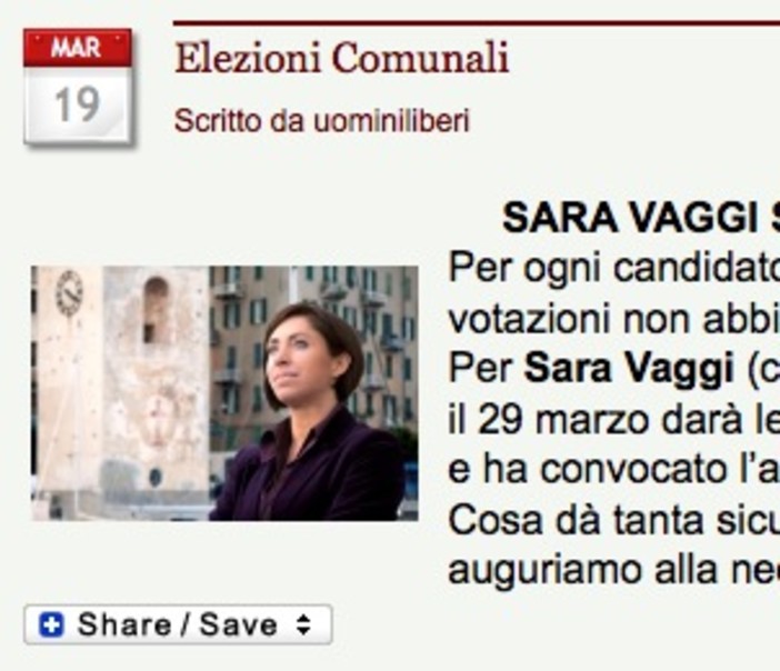 UominiLiberi: Sara Vaggi sicura di un posto in consiglio comunale (a Savona). Da cosa deriva questa "sicurezza"?