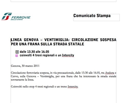 Frana di Andora: circolazione sospesa e riattivata sulla tratta FS Genova - Ventimiglia