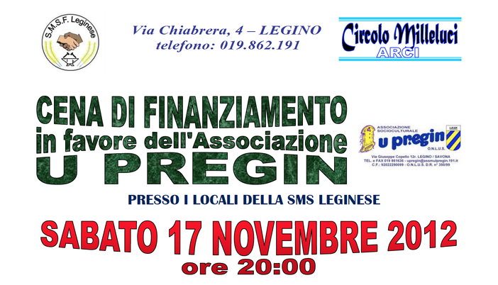 Savona, alla SMS "Milleluci" di Legino, cena di autofinanziamento in favore della Onlus "U Pregin"